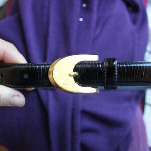 Vintage 1990 Liz Claiborne Black Patent Leather Belt Gold Buckle Large 29-33"